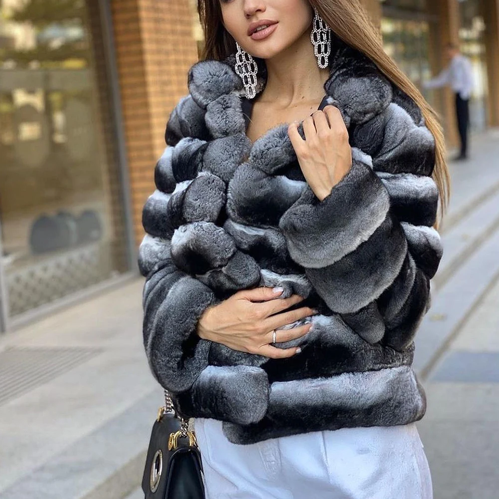 Natural Women Real Rex Rabbit Fur Jacket Stand Collar High Quality Winter Fashion Genuine Full Pelt Rex Rabbit Fur Coats Outwear