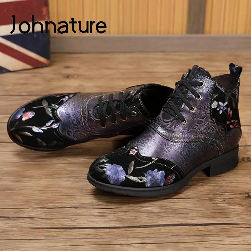 

Johnature Mixed Colors Shoes Women Boots Genuine Leather Retro 2022 New Winter Flat With Print Leisure Sewing Ladies Boots