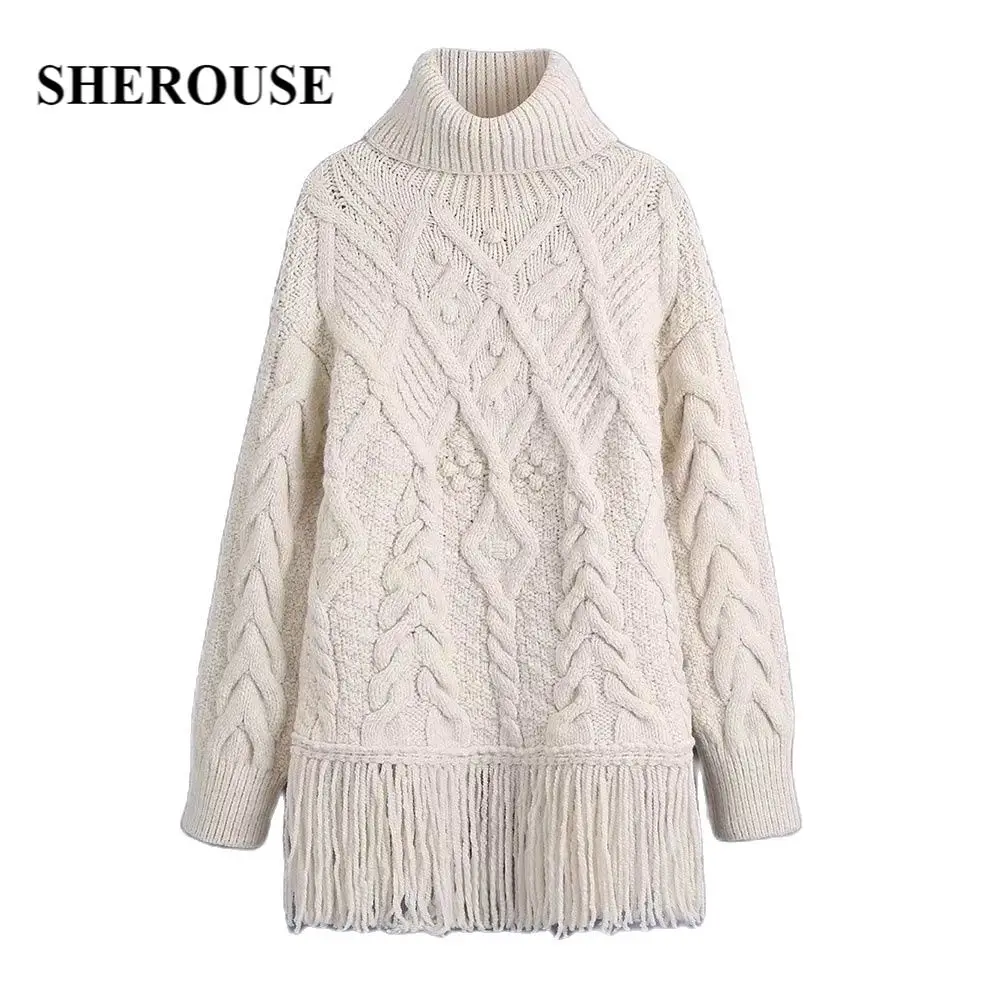 

Sherouse Women Fashion Oversized Fringed Knit Sweater Long Sleeves High Neck Casual Woman Knitted Sweaters Pullover Chic Tops
