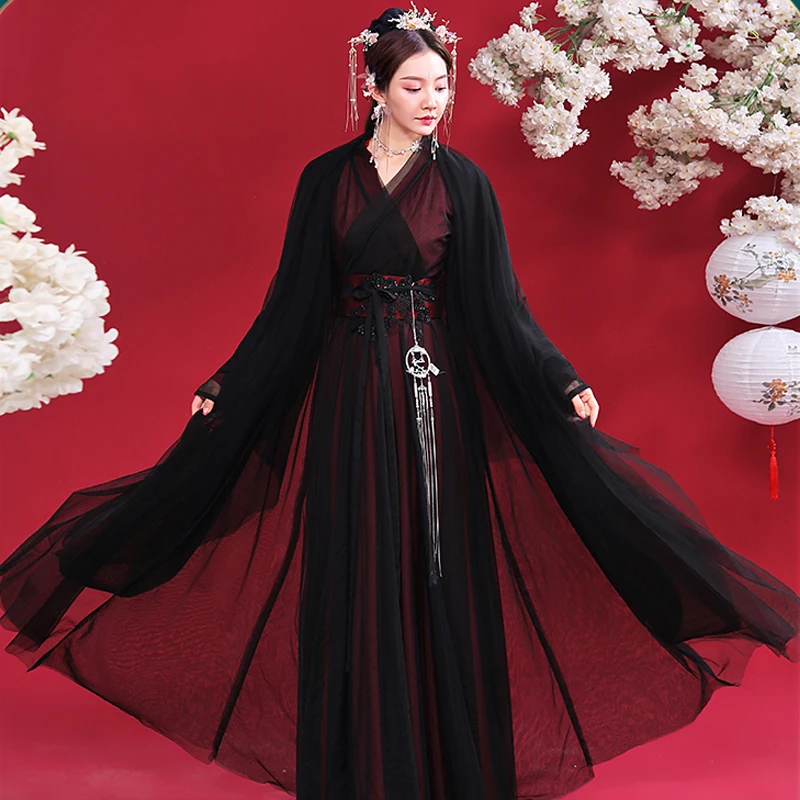 2022 Women Hanfu Dress Oriental Dance Costumes Chinese Traditional Ancient Black Fairy Hanfu Stage Performance Girls Outfits