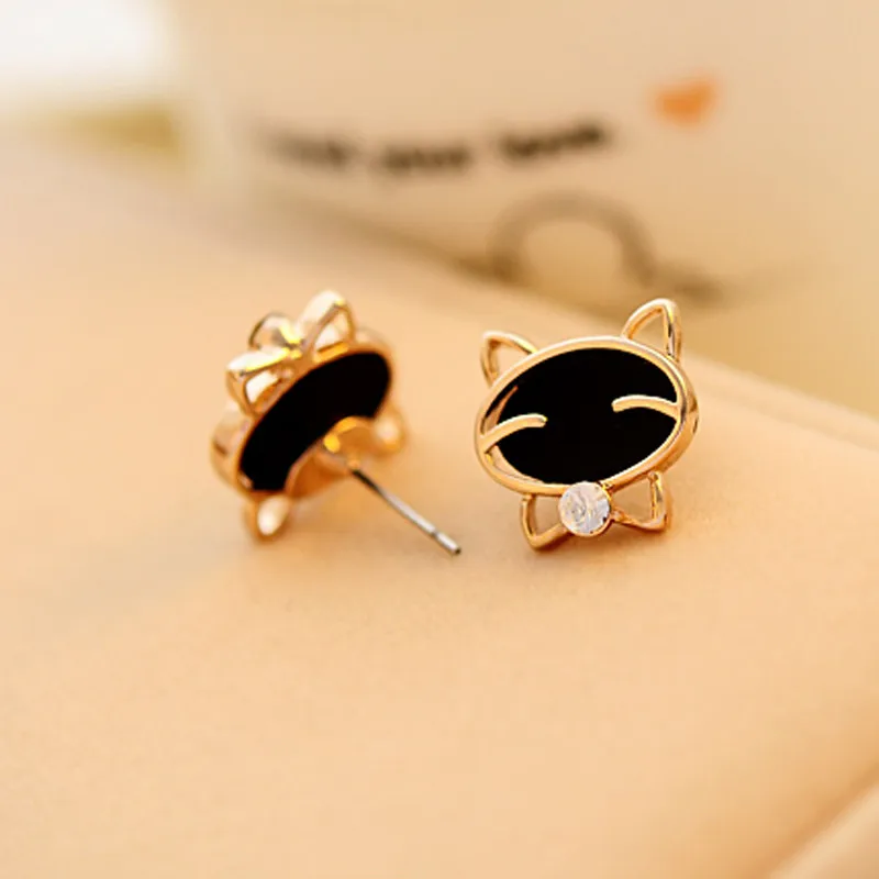 

Kolczyki Pendientes Boucle Doreille Femme 1pair Black Smile Cat High-grade Fine Diamond Stud Earrings For Women 2021
