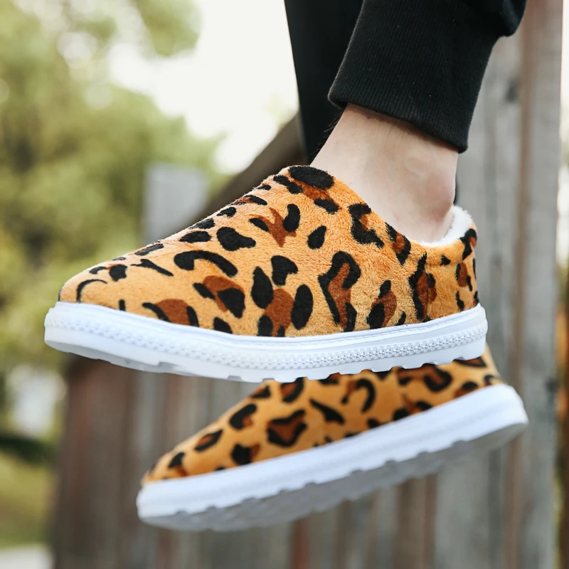 Fhlyiy/леопардовые домашние тапочки теплые мужские удобные на плоской подошве