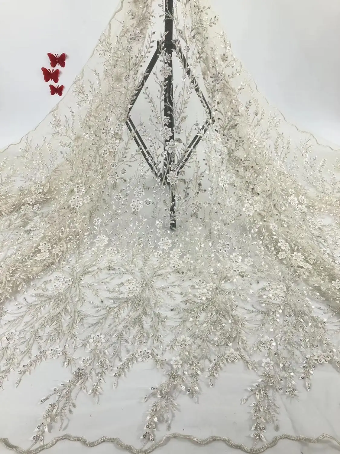 

beads tube design 5yards beautiful african net tulle lace fabric with beads good quality mesh lace for wedding JIAJIADE151