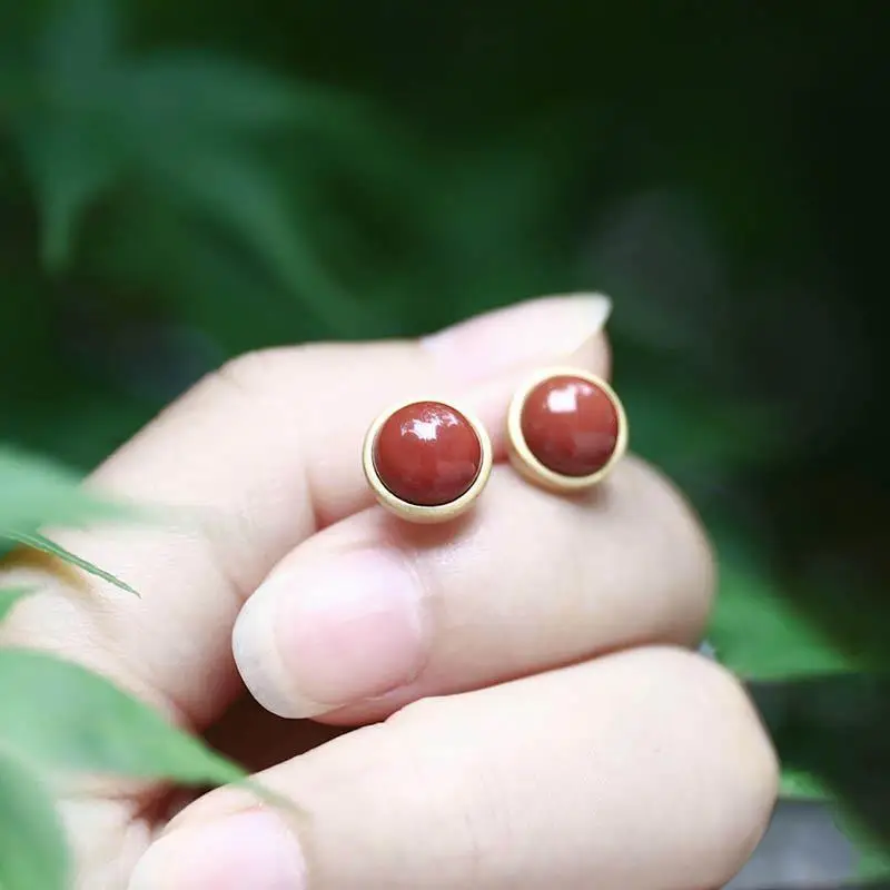 

[Falling Plum] Natural Hetian Jade Southern Red Agate Silver Stud Earrings 925 Silver Earrings Small and Simple Vintage Earrings