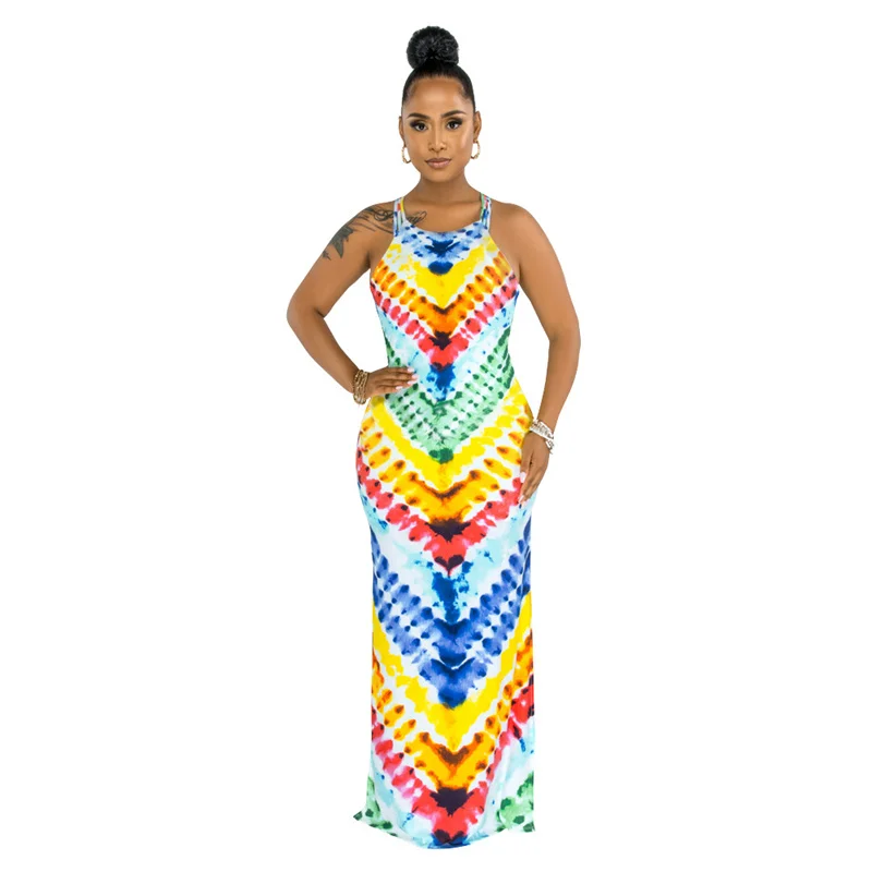 

Women Long Dress Print Sleeveless O-neck Backless Stretchy Bodycon Maxi Dresses Sexy Vintage Fashion Outfit Summer 2021