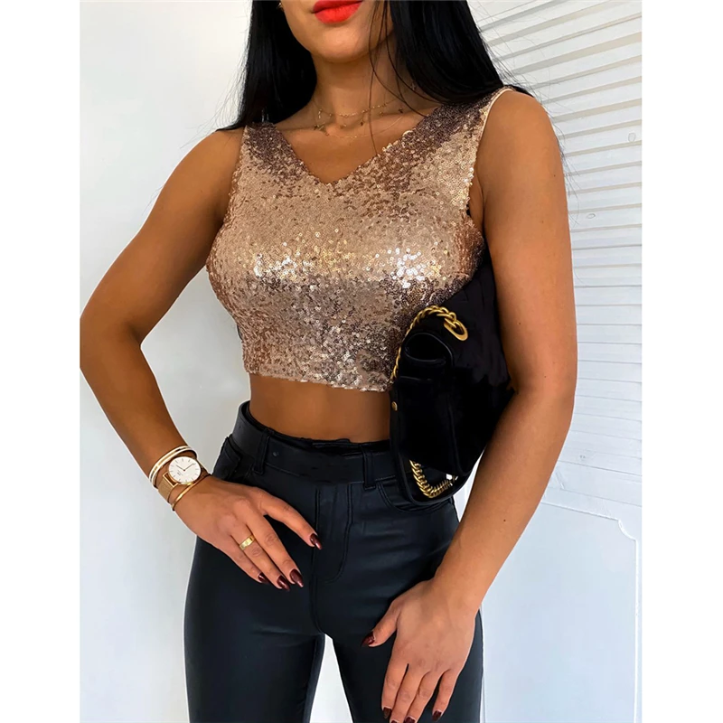 Женский Блестящий приталенный укороченный жилет с блестками топы на бретелях