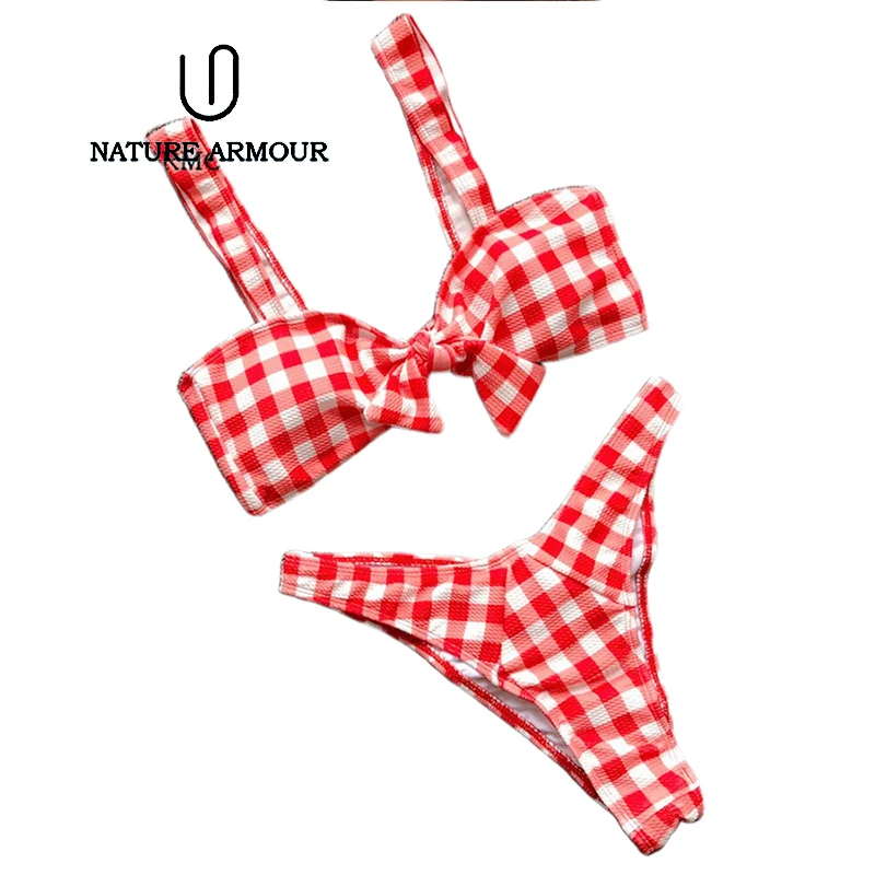 Женский купальник в клетку с вырезами NATURE ARMOUR бантиком и высокой талией для