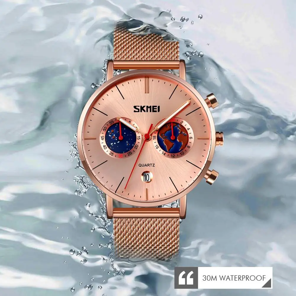 

Fashion Mesh Belt Wrist Watch Luxury SKMEI Brand Quartz Watches Men Stopwatch Date Display Men's Watch 30M Waterproof Clock Mens