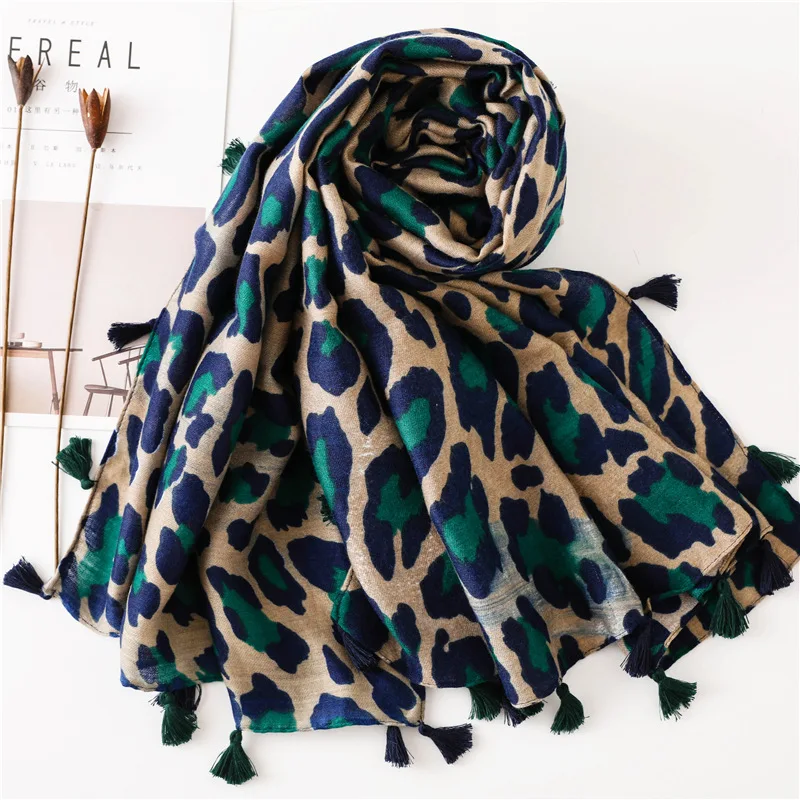2021 Printed Leopard Scarf female autumn Muslim women hijab scarves Tassel Large Size Headband Handkerchief Women's Bandana images - 6