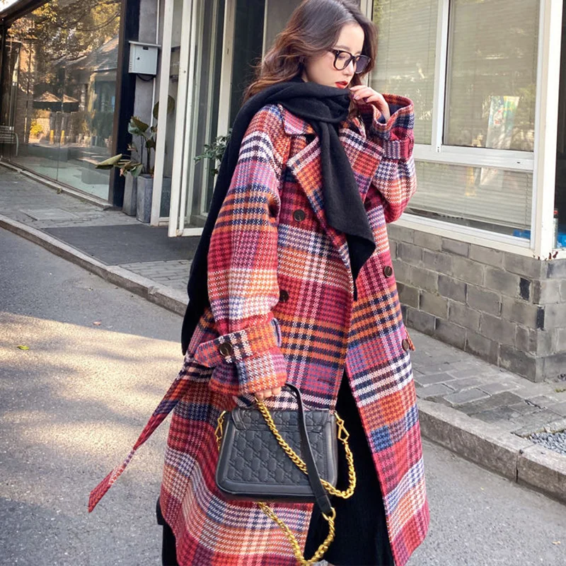 

Color Plaid Woolen coat Women 2020 Winter New Loose Plus Cotton Thick Long Woolen coats Womens Casual Trench coats Abrigo Mujer