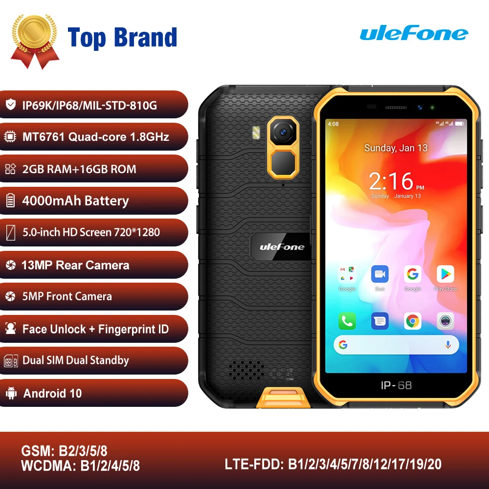 Ulefone Armor X7 5.0-inch Android10 Rugged Waterproof Smartphone Cell Phone 2GB 16GB  ip68 Quad-core  NFC 4G LTE Mobile Phone