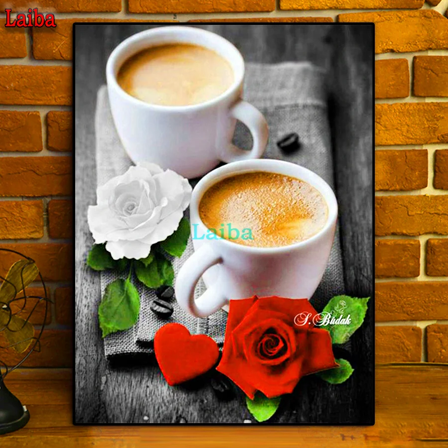 

Cross Stitch iving room decoration art Coffee and roses diy diamond Painting 5d diamond Mosaic square round diamond embroidery