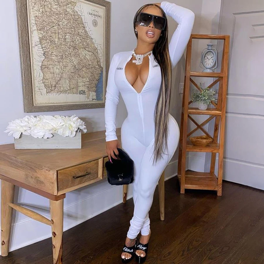 

Hot Sale Women's Sexy Long Sleeve Jumpsuit Casual Solid Color V-neck Romper Tight High Waist Zipper Clothing