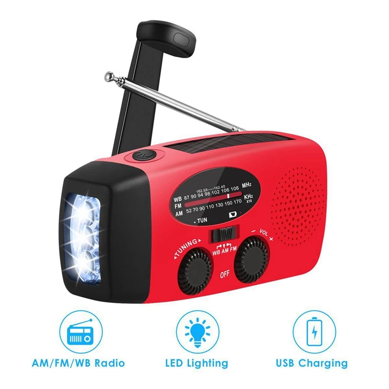 

Multifunctional Solar Hand Crank Dynamo Self Powered AM/FM/NOAA Weather Radio Use As Emergency LED Flashlight and Power Bank