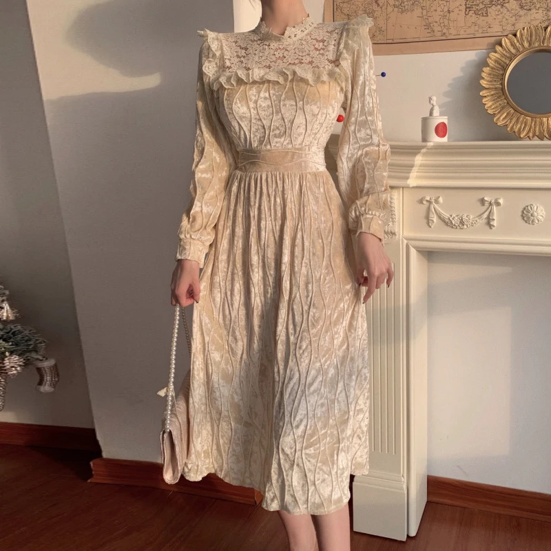 

Vintage Lace Fairy Dress White Winter Long Sleeve Women Midi Korean Dresses Vestidos 2021 Spring New Party Ladies Dress Elegant