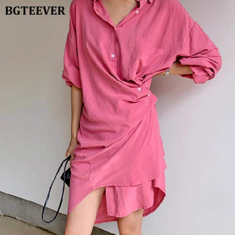 

BGTEEVER Fashion Summer Lapel Female Solid Shirt Dress Full Sleeve Loose Single-breasted Women Oversized Midi Dress 2021