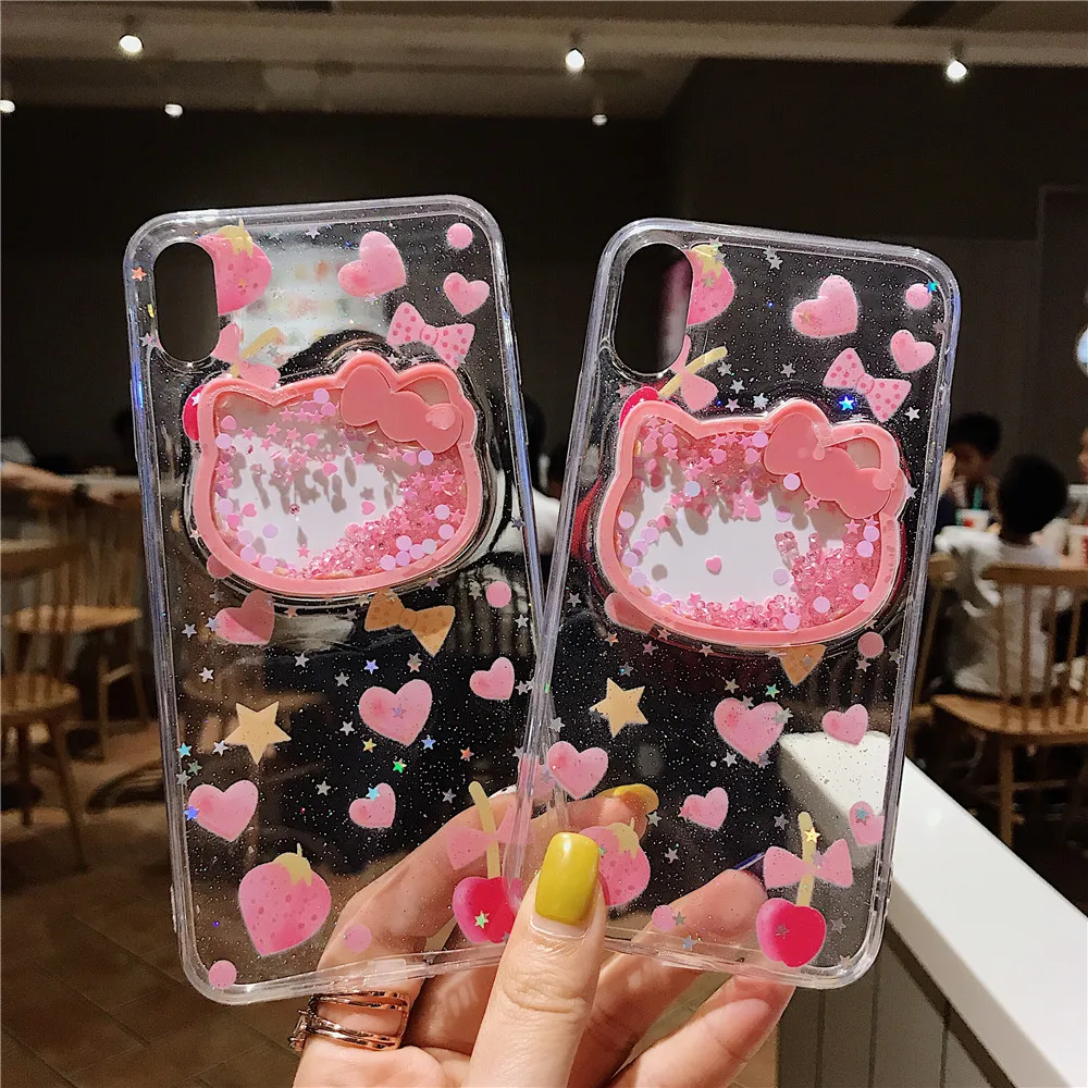 Милый розовый блестящий чехол Hello kitty из ТПУ с блестками для iPhone 11 6s 7 8 Plus X XR XS MAX love heart сыпучий песок украшение лазерный чехол