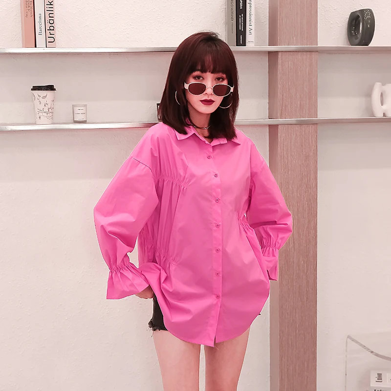 Elegant Shirt For Women Flare Long Sleeve Loose Ruched Oversized Casual Blouses Female 2021 Clothing Tide