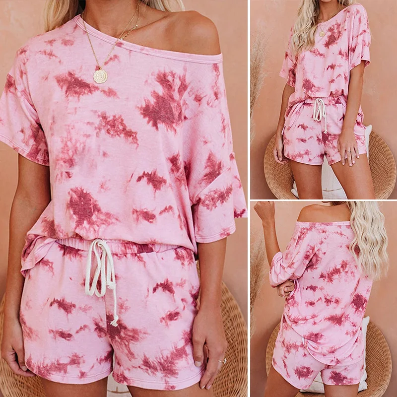 

Women's Summer Tie-Dye Printing Leisure Sports Home Suit Two-Piece Suit Pink