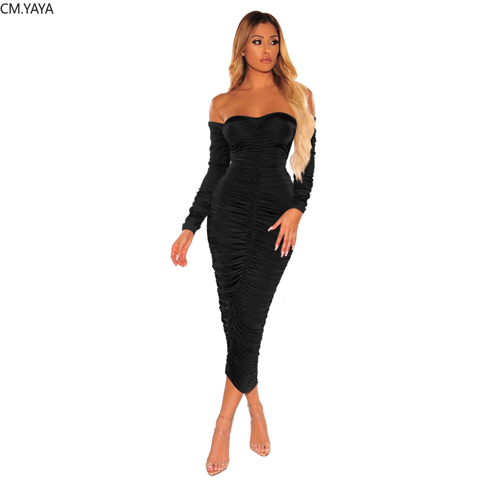 Женское платье миди с длинным рукавом без бретелек открытыми плечами|Женские