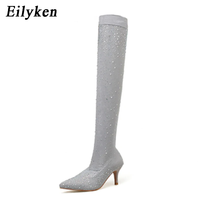 Gray 7CM Eilyken/; осенние кружевные сапоги выше колена с острым носком; пикантные женские сапоги до бедра со стразами; женские ботинки «Челси» на высоком каблуке - Цвет: Gray 7CM