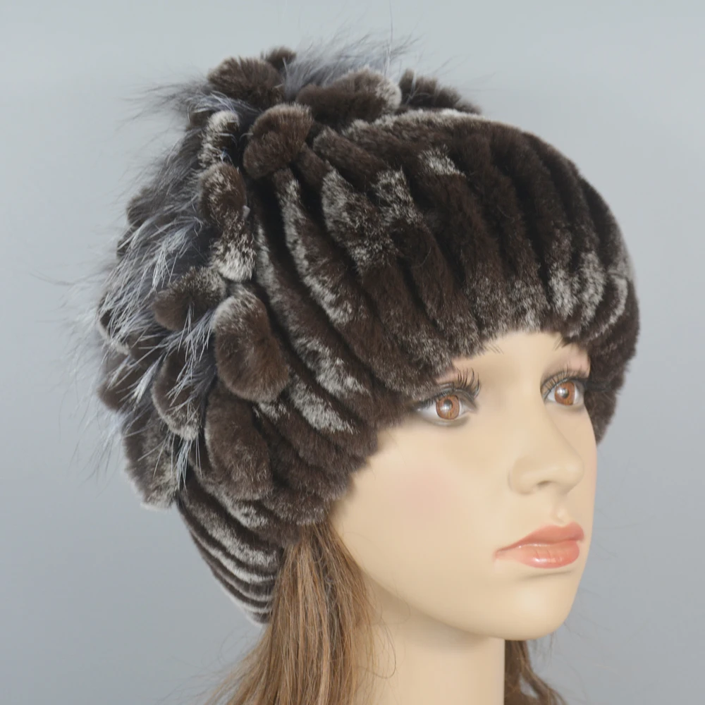 

Russia Women Real Rex Rabbit Fur Hats Outdoor Elastic Knitted 100% Genuine Rex Rabbit Fur Cap Winter Warm Real Fur Beanies Hat