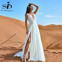 sodigne beach boho wedding dresses sexy backless lace appliques v neck bridal gowns women chiffon wedding party dress