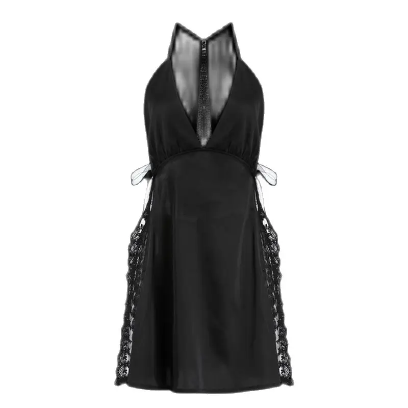 QWEEK Sexy Night Dress Nightgown Women Lace Black Sleepwear Eiffel Tower Style Satin Slip Sleep Shirts Sling Nighties for Lady