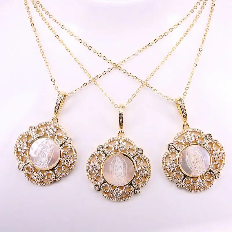 4PCS, Flower Pendant Charm Golden Micro Paved CZ Jesus Mothr Of Pearl Jewelry Crystal Necklace