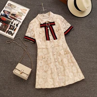 summer lace hollow out dress runway women brooch short sleeve bodycon party dress fashion pearl buttons single breasted dress