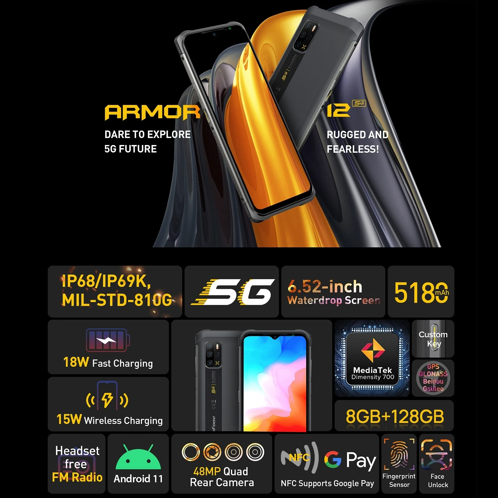 Ulefone Armor 12 смартфон с 5 дюймовым дисплеем ОЗУ 8 Гб ПЗУ 128 ГБ 6 52 мАч| |
