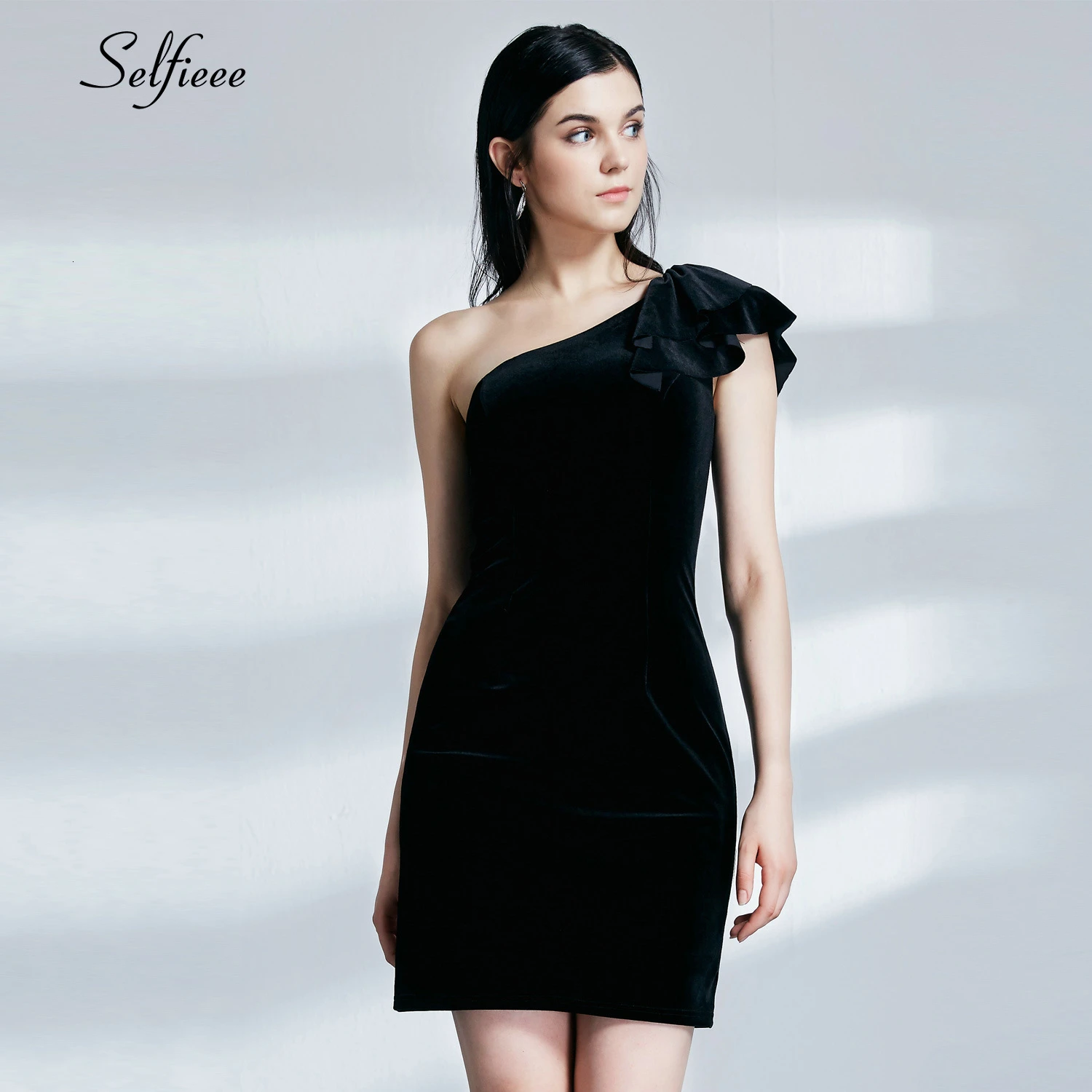 Новое модное велюровое платье-карандаш для женщин на одно плечо с оборками