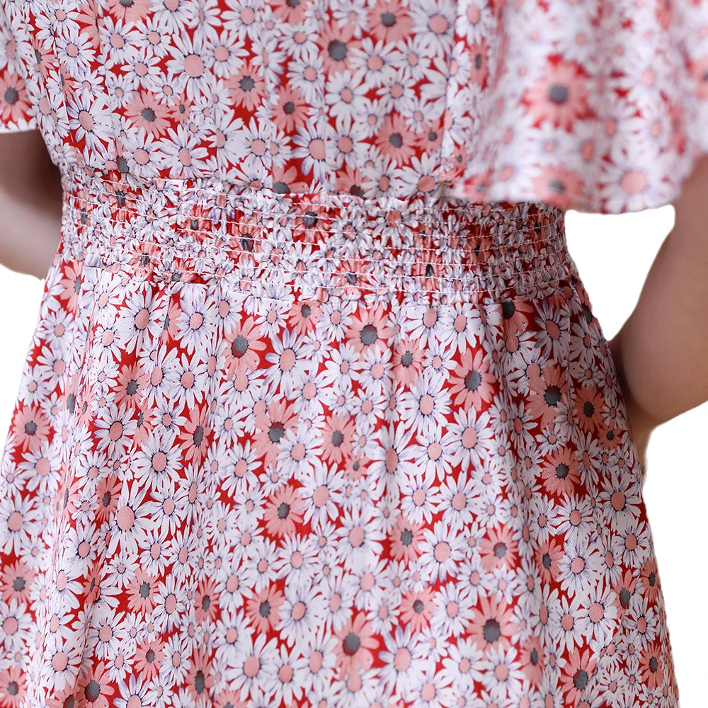 

Summer Women's Dress 2021 100% Real Mulberry Silk V Neck Foral Dress With Empire Elastic Waist And Asymmetrical Bottom