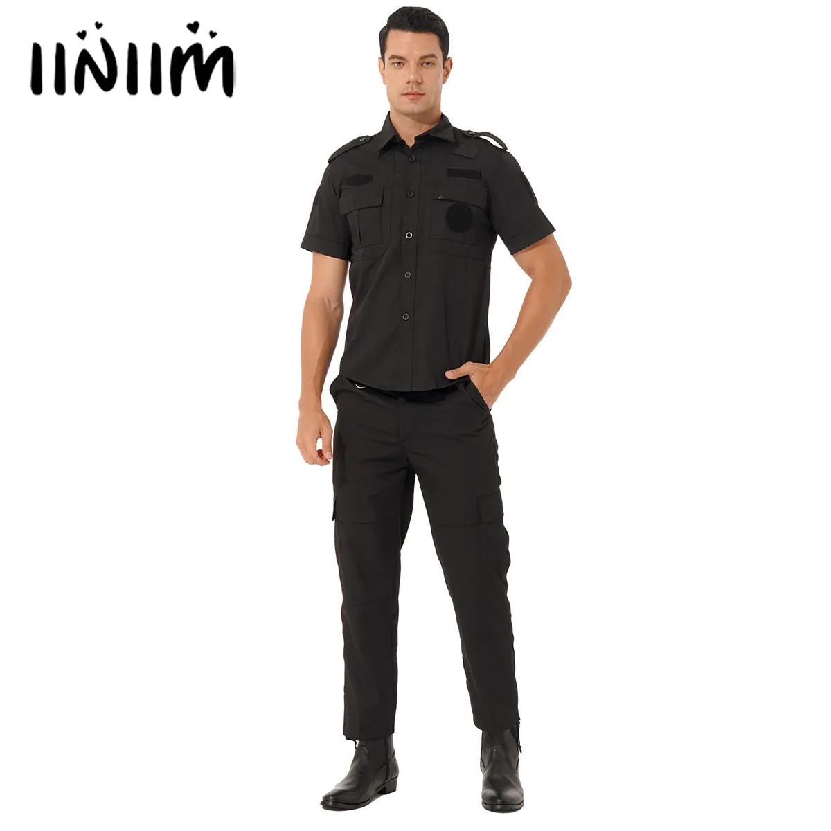 

Men Security Guards Uniform Halloween Role Play Costume Outfits Turn-down Collar Short Sleeve Button Down Shirt Top with Pants