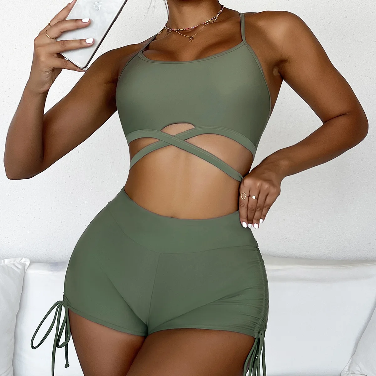 

High Waisted Swimsuit Women 2 Pieces Sexy Push Up Swimwear Tankini Beach Bathing Suit Brazilian Bikini with Shorts Mujer Trunk