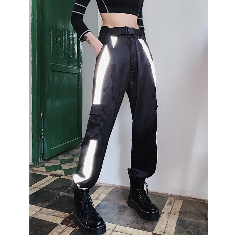 

Handsome overalls women's locomotive reflective strip hip hop style Korean pants loose straight Multi Pocket casual trousers