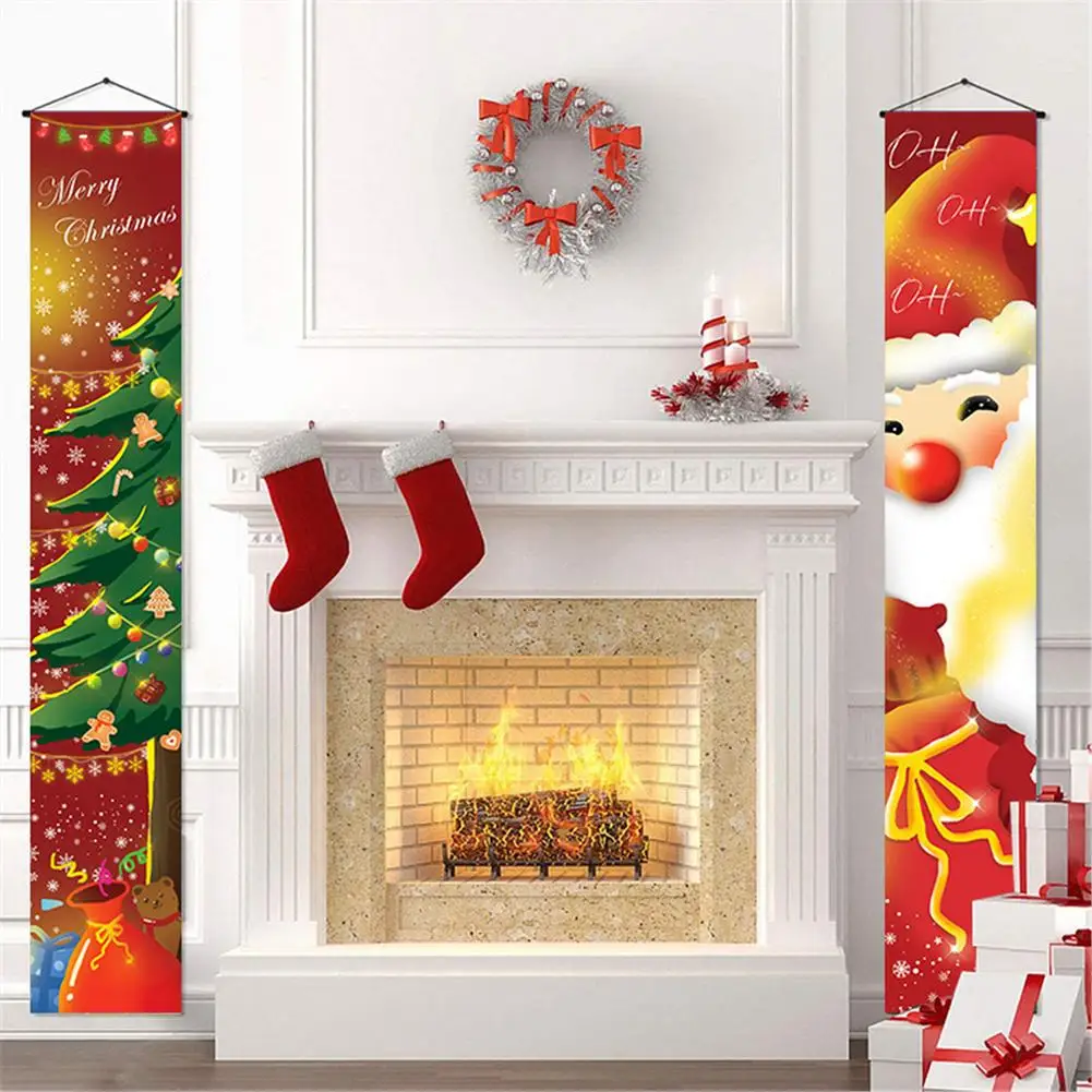 

1 Pair Christmas Theme Couplet Holiday Party Door Banner Durable Oxford Cloth Porch Sign Santa Xmas Tree Pattern for Home Decor