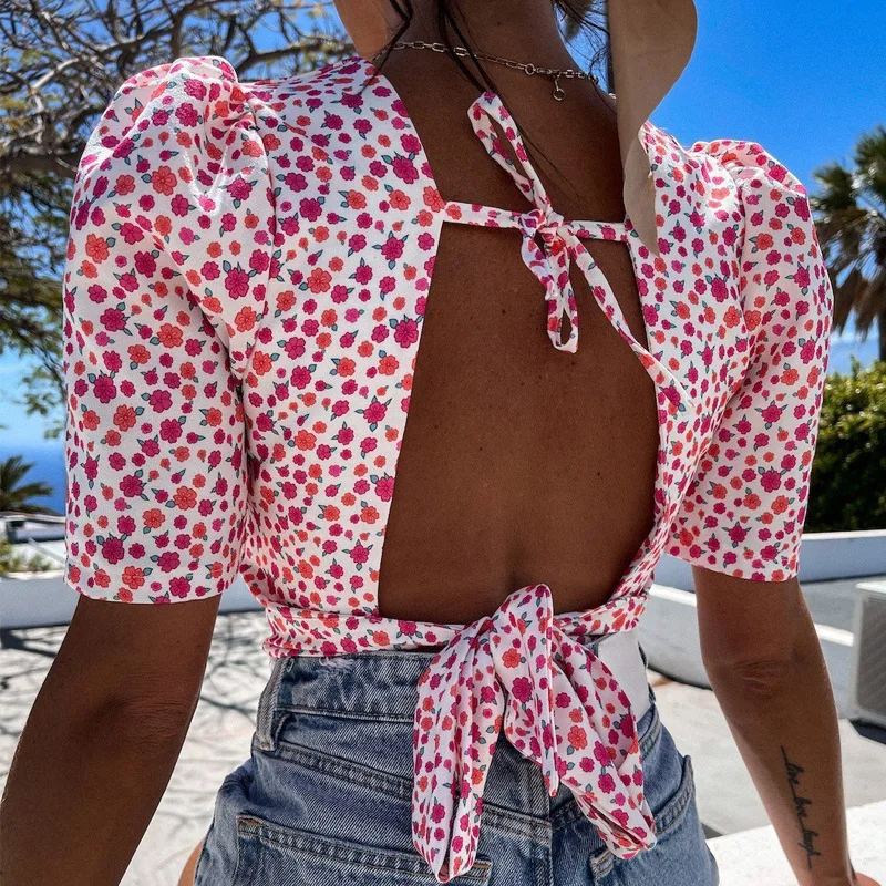 

Casual Women Summer Print Blouse Round Neck Short Puff Sleeve Slim Fit Tops Lady Sexy Backless Streetwear Loose Lacing Shirts