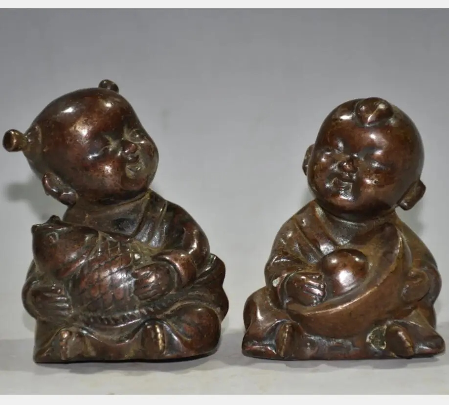 

China brass archaize Boy and girl crafts statue A pair