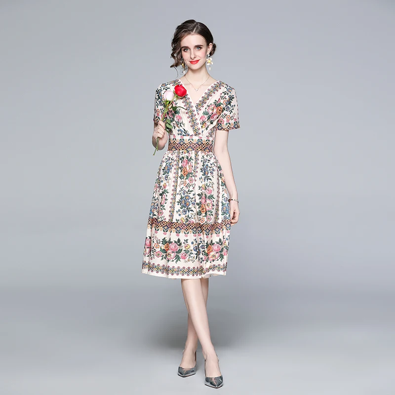

Bohemia Dress V-collar High Waist Slim A-line Skirt Women Knee Length Short Skirt Evening Dress Printed Skirt 2021 New