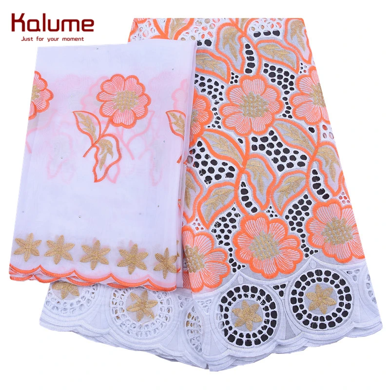 Kalume Royal Blue African Lace Fabric 5+2Yards With Headcloth Nigerian Swiss Cotton Stones For Dress Party F2029 | Дом и сад