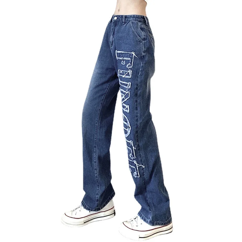 

Korean Straight Jeans Mid Waist Letter Stitching Pants lightly Holes Slim Fit All Match Pant 2021 Women's Blue Jeans