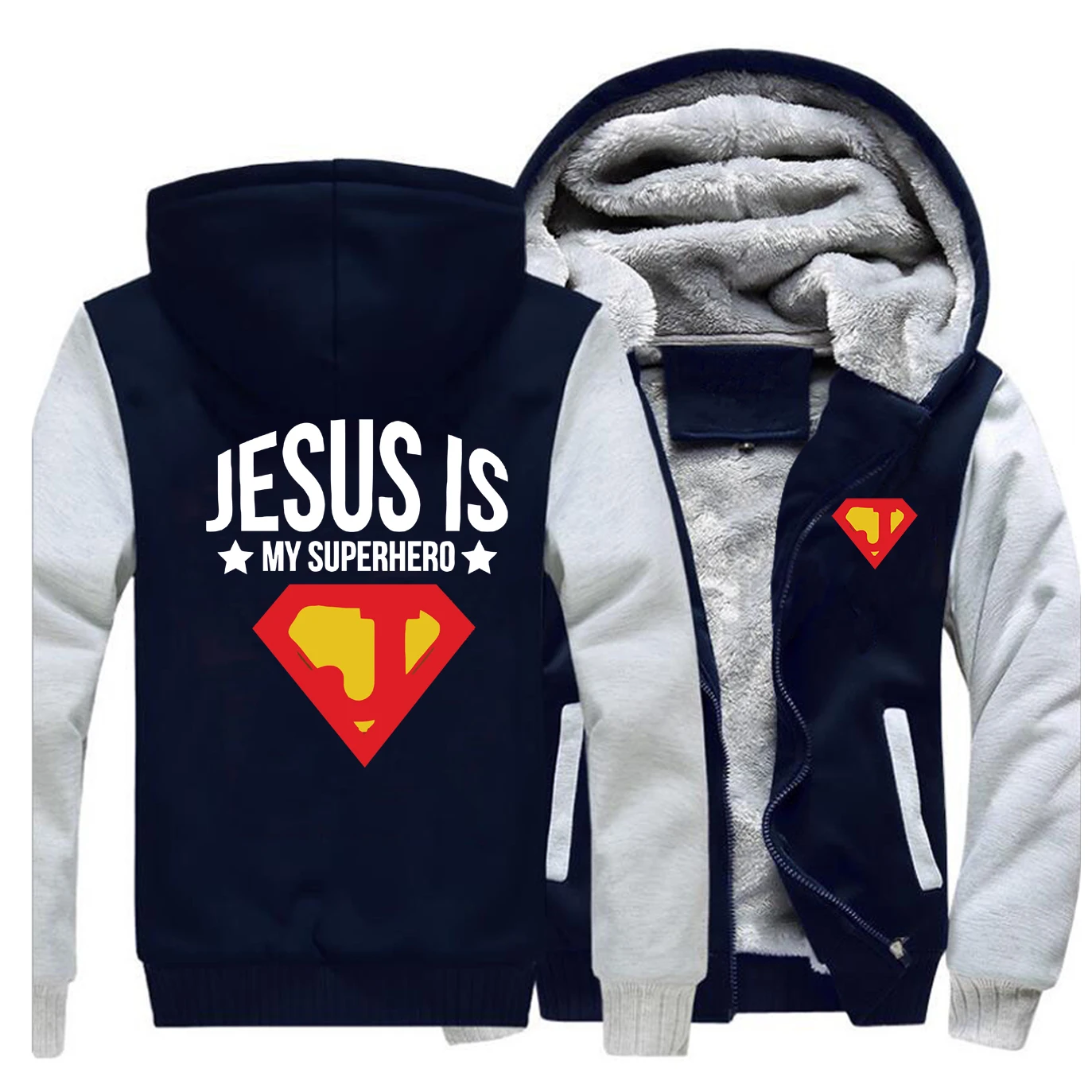 Jesus is my superhero, мужская уличная куртка с принтом,, зимнее флисовое теплое Мужское пальто в стиле хип-хоп, забавные мужские плотные толстовки с капюшоном, толстовка - Цвет: Gray Dark Blue 5