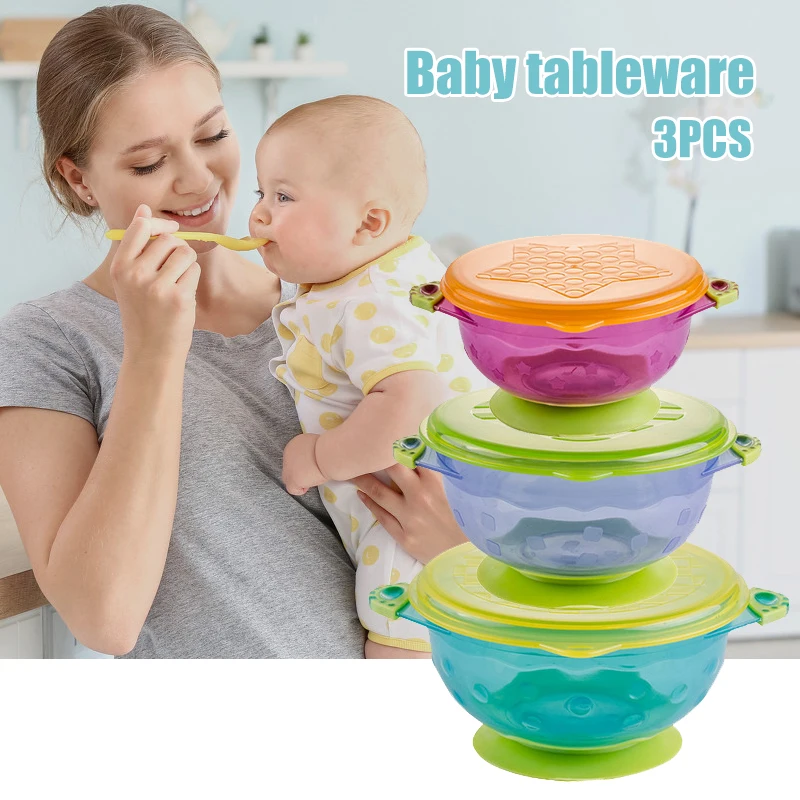 

Hot 3pcs/set Baby Suction Cup Food Bowls With Lid Spill-Proof Infant Feeding Dish Drop Resistance Sucker Dinner Plate