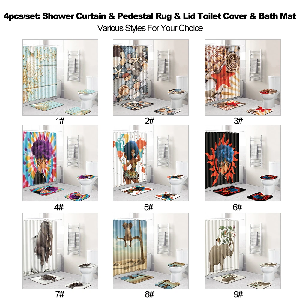 

New Elephant Printed Pattern Non-slip Bath Mat Set Wateproof Shower Curtain Pedestal Rug Lid Toilet Cover Mat Bathroom Supplies
