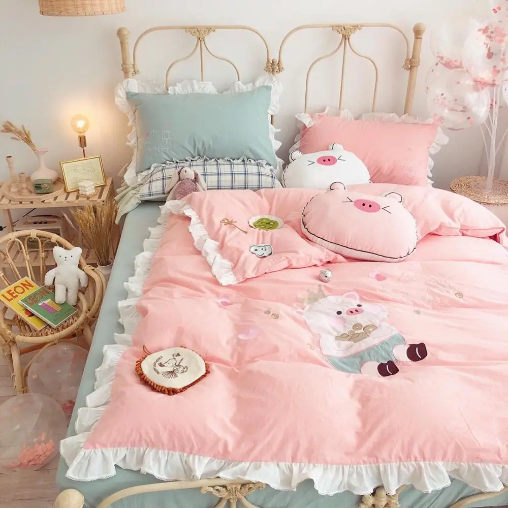 

Cartoon Cotton Bedding Set Sheet Kids Four Seasons Girl Cotton Washed Embroidery Lovely Pig Lotus Leaf Side Cover Fashion Simple
