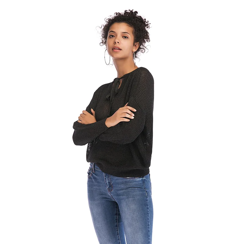 

Autumn Two-Sided Wear Bow Casual Tops Lady Lace up Loose Sweater Thin Knitwear Pullovers Female V-neck Batwing Sleeve Black Blue