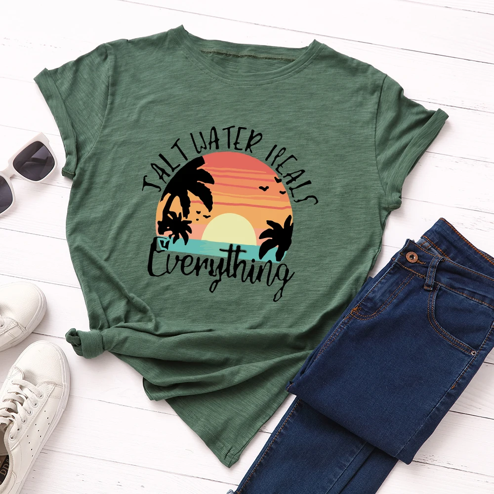 

Seaside Sunset Scenery Shirt Women Short Sleeve Cotton T-Shirts Graphic Tees Summer Tee Tops for Female Casual Oversized Clothes