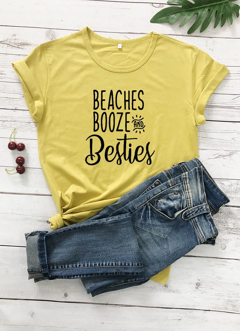 Женская футболка из 100% хлопка с забавным принтом пляжей BOOZE AND BESTIES для отпуска