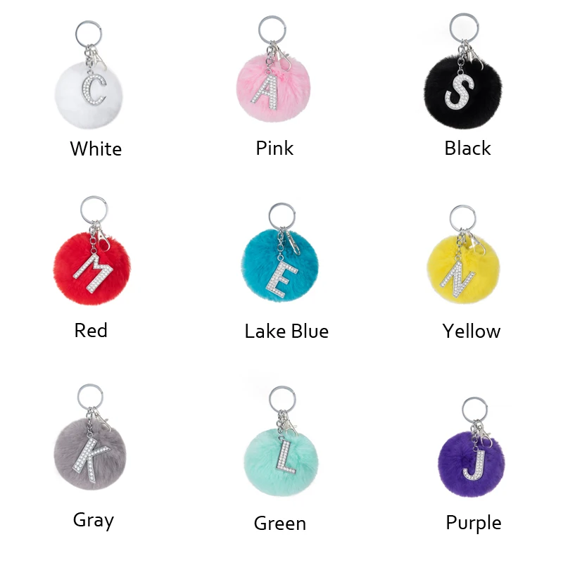 TEH Multicolor Fluffy Pompom Faux Rabbit Fur Ball Keychain with Crystal Letter, Trendy Jewelry Bag Accessory Gift image 5
